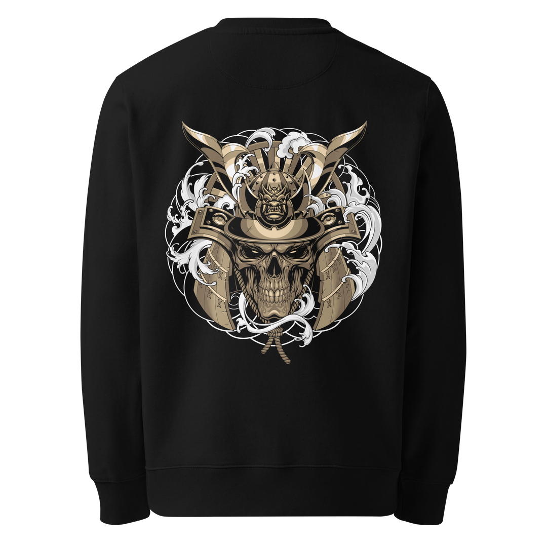 Gold Skull Samurai Sweatshirt with a large back print featuring a samurai skull wearing a golden kabuto helmet, surrounded by Irezumi-style waves and clouds.