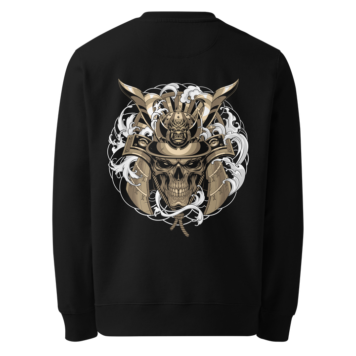 Gold Skull Samurai Sweatshirt with a large back print featuring a samurai skull wearing a golden kabuto helmet, surrounded by Irezumi-style waves and clouds.