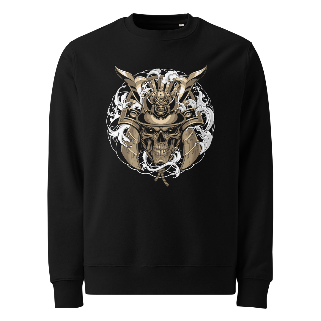 Gold Skull Samurai Sweatshirt - Large Front Print - Samurai Skull with Kabuto and Irezumi Clouds on Black Sweatshirt