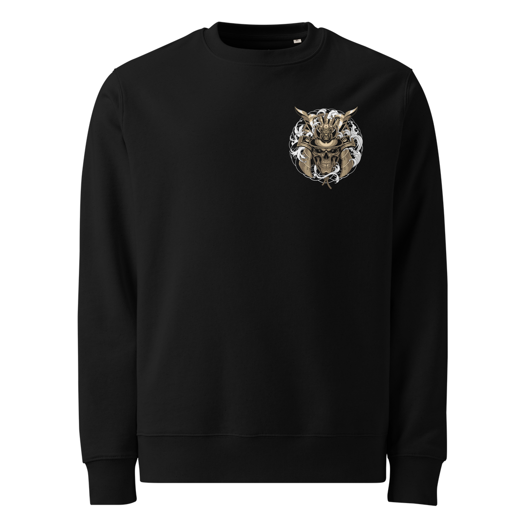 Gold Skull Samurai Sweatshirt with a left chest print featuring a samurai skull wearing a golden kabuto helmet, surrounded by Irezumi-style waves and clouds.