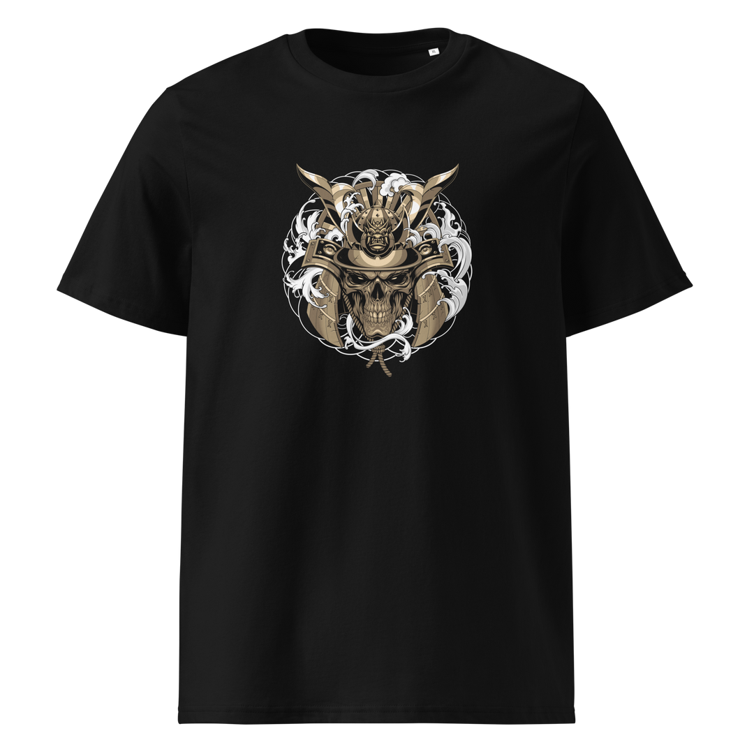 Gold Skull Samurai T-Shirt with a bold front print of a samurai skull helmet, surrounded by Irezumi-style waves and clouds, inspired by Japanese tattoo art.