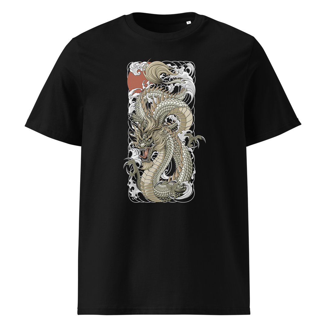 A premium black t-shirt featuring a front print of a detailed gold dragon design surrounded by waves and a glowing sun, inspired by Japanese mythology.