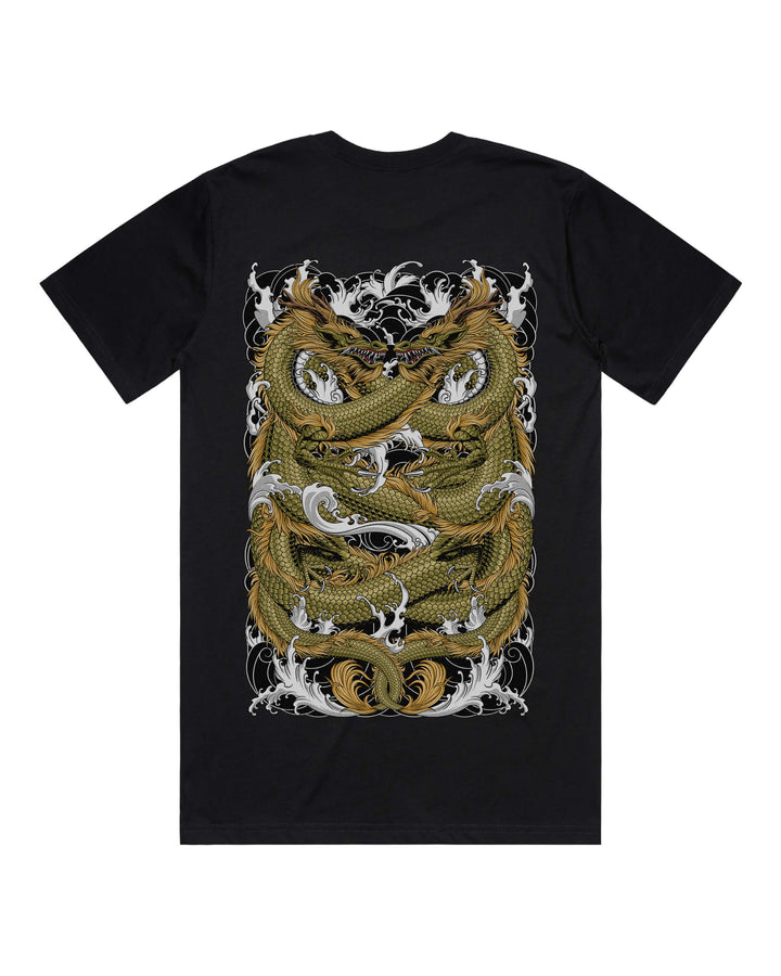 Black graphic t-shirt with irezumi twin dragons large on the back