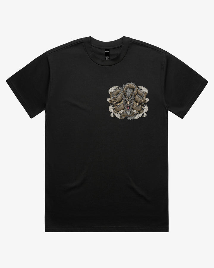 Black oversized 280GSM Japanese graphic tee with left chest gold dragon artwork