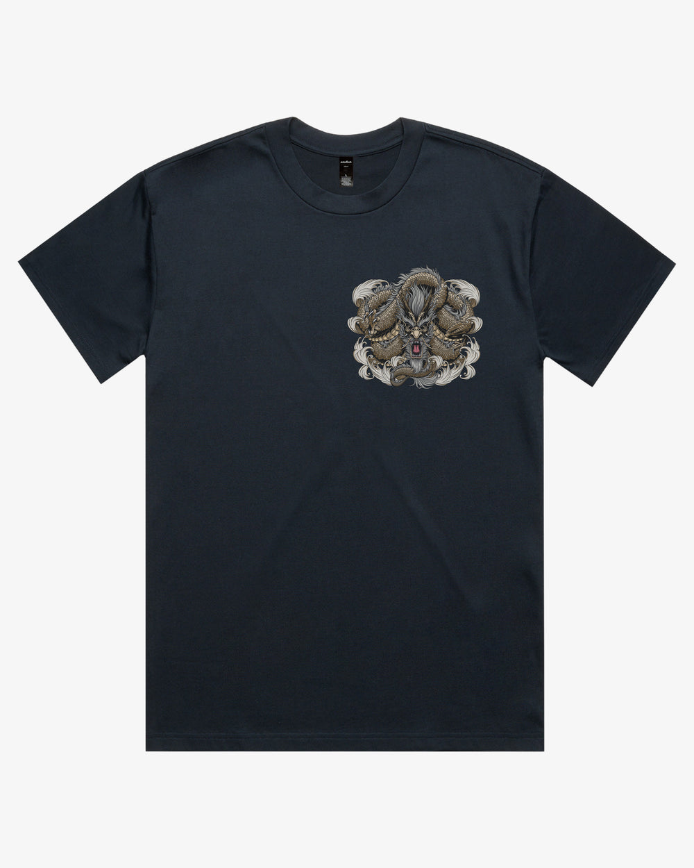 Navy oversized 280GSM Japanese graphic tee with left chest gold dragon artwork