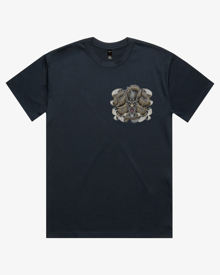 Navy oversized 280GSM Japanese graphic tee with left chest gold dragon artwork
