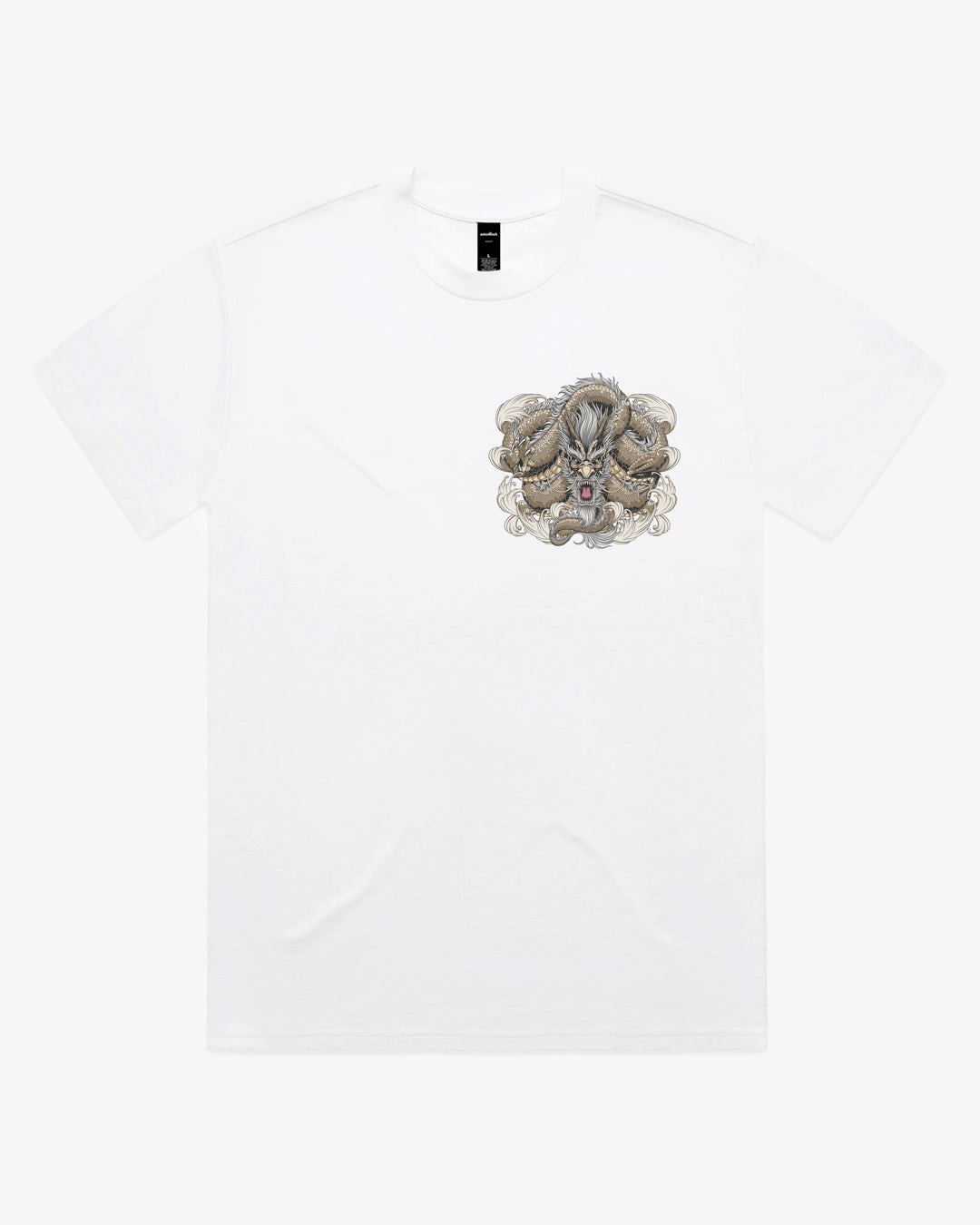 White oversized 280GSM Japanese graphic tee with left chest gold dragon artwork