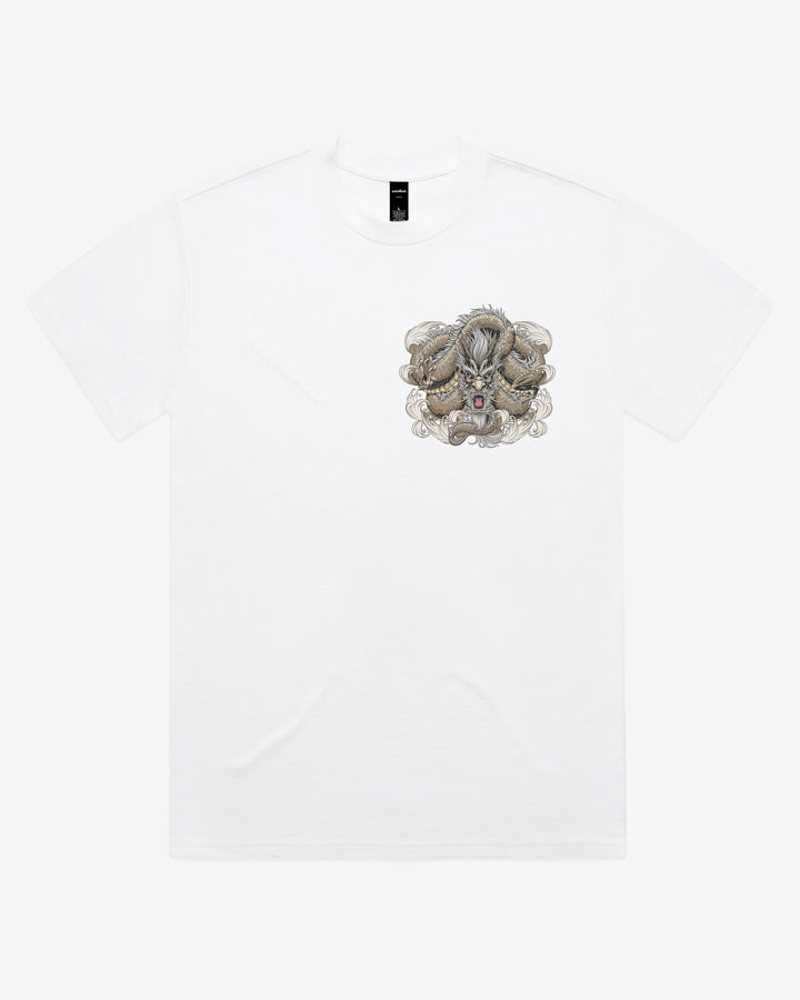 White oversized 280GSM Japanese graphic tee with left chest gold dragon artwork