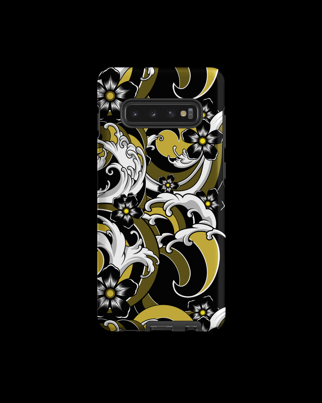 samsung Phone case with gold floral and wave irezumi design on a black background