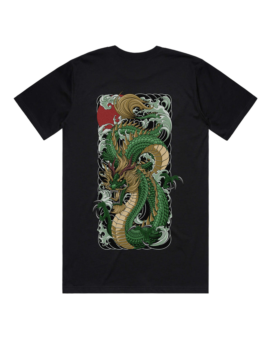 Black graphic t-shirt with large descending green dragon back print