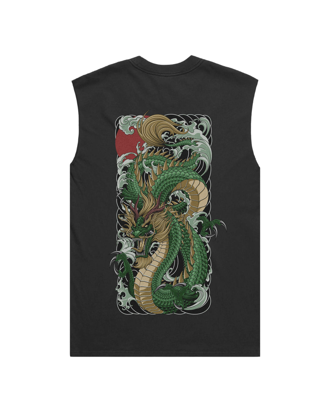 Green Dragon Faded Black men’s graphic tank top features original in-house artwork inspired by Irezumi. The design combines dragon, sun and waves, drawing from Japanese tattoo art, folklore and traditional illustration.