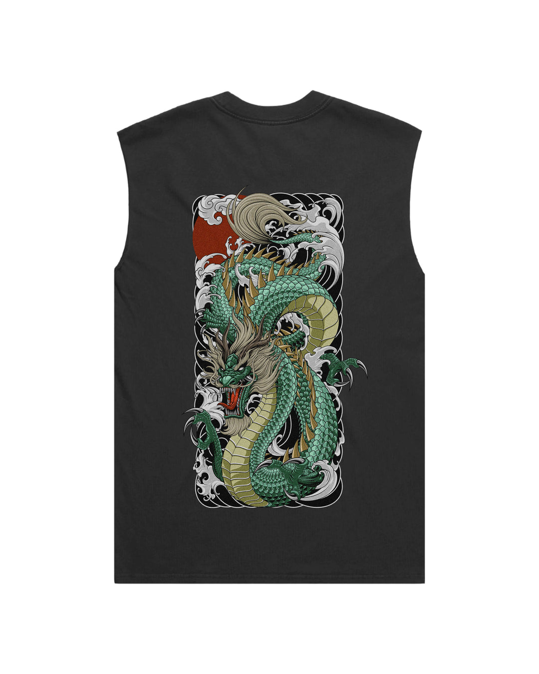 Faded black tank top with irezumi inspired green dragon print,