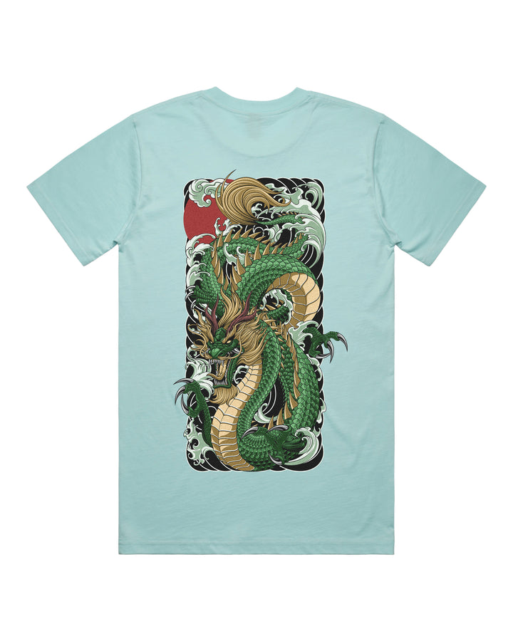 A light blue short-sleeve t-shirt with a large rectangular graphic print on the front featuring a detailed green and gold Japanese-style dragon amidst white waves.