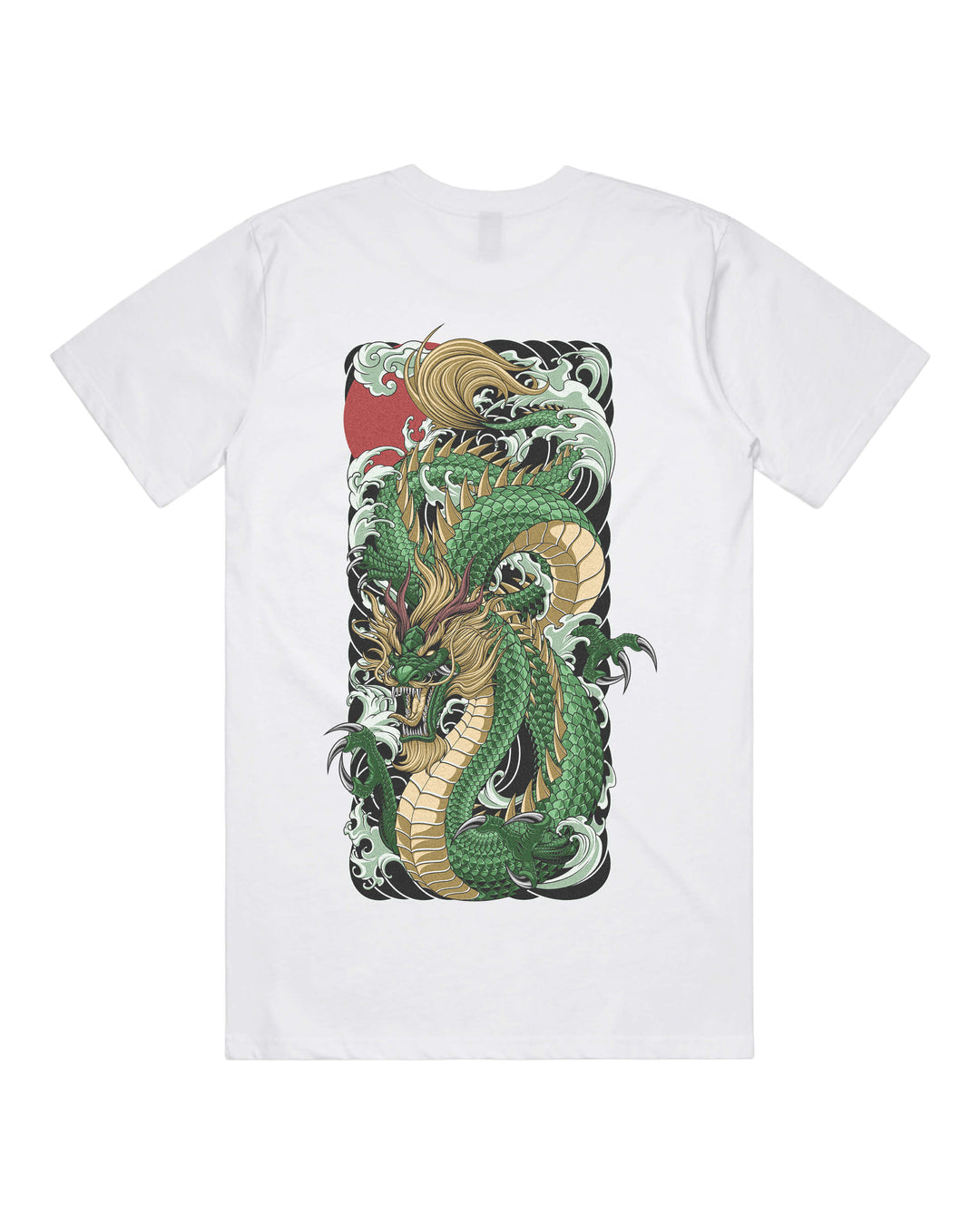White graphic t-shirt with large descending green dragon back print