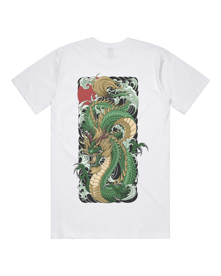 White graphic t-shirt with large descending green dragon back print