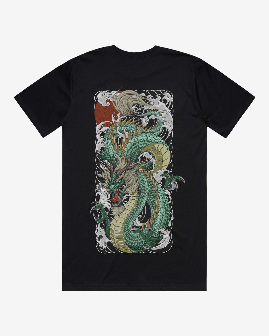 Black t-shirt with a green dragon design