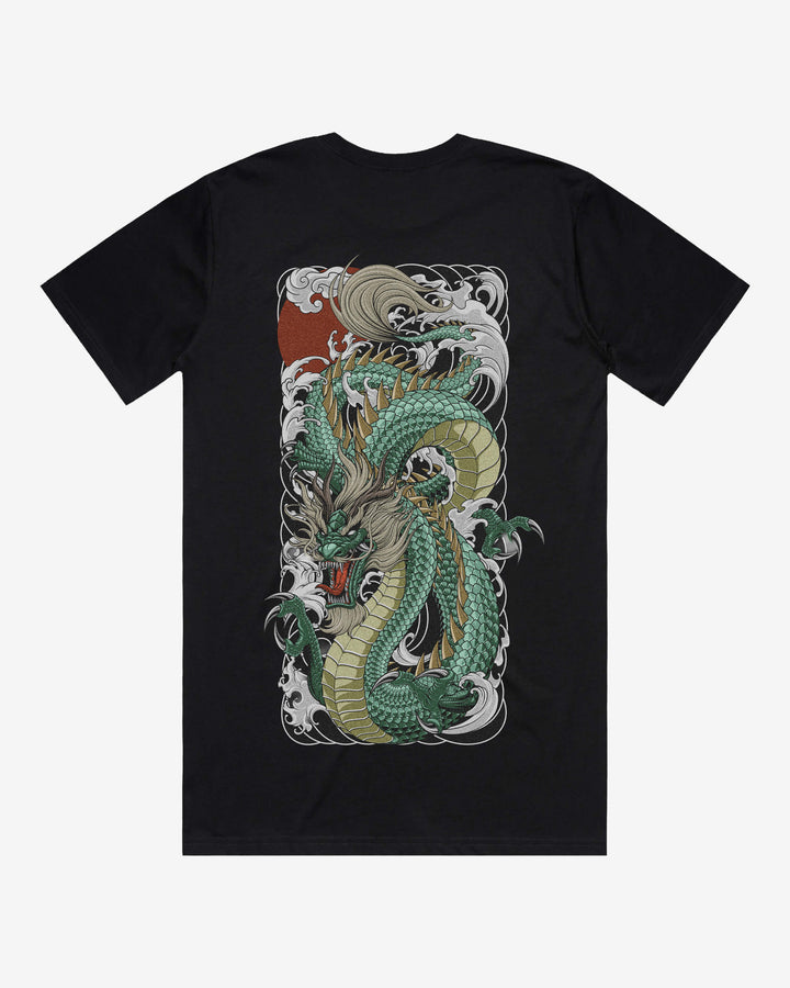 Black t-shirt with a green dragon design