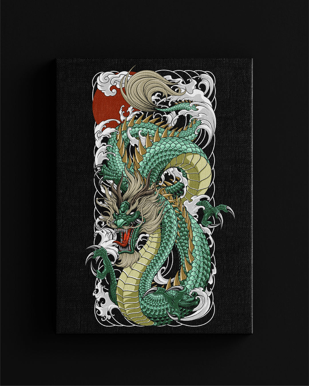 Decorative irezumi canvas wall art inspired design of a green dragon with intricate patterns on a black background