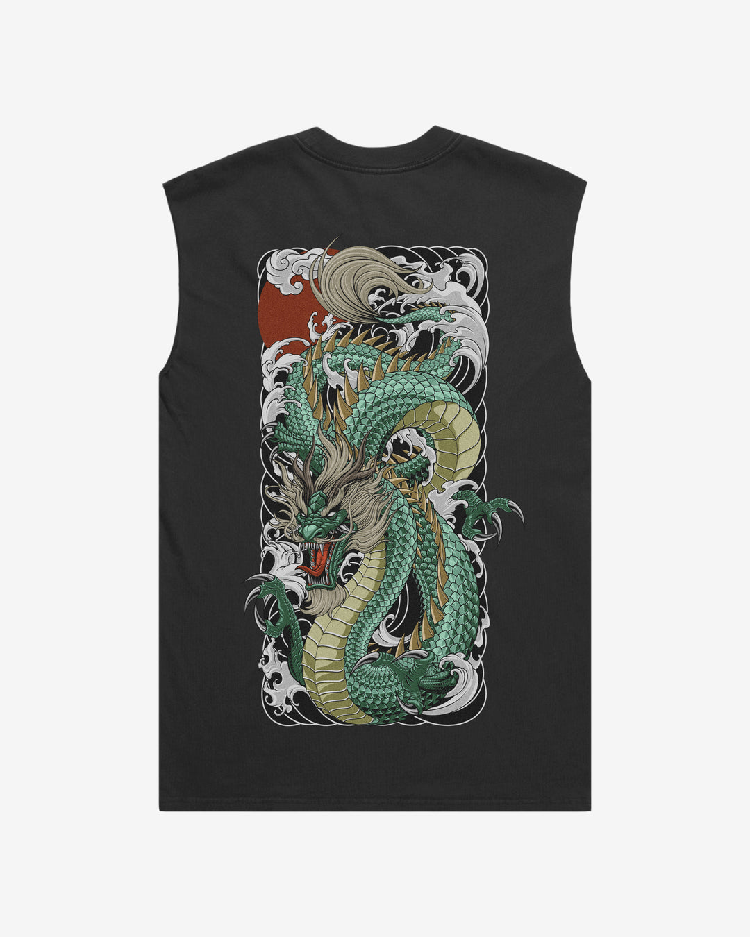 Japanese tattoo tank top with back print of green dragon