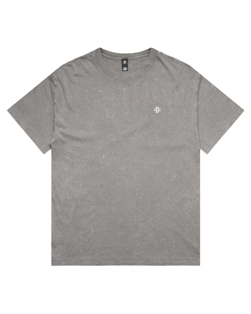 A stone wash gray short-sleeve crewneck t-shirt with a small white geometric logo on the left chest.