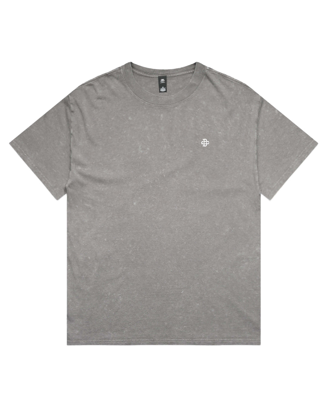 A stone wash gray short-sleeve crewneck t-shirt with a small white geometric logo on the left chest.