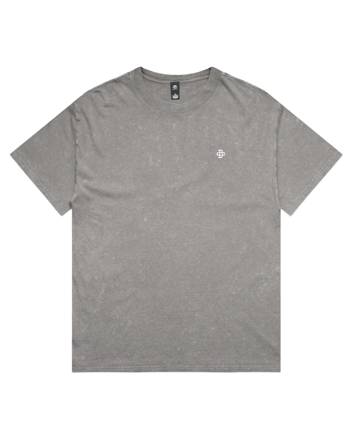 A stone wash gray short-sleeve crewneck t-shirt with a small white geometric logo on the left chest.