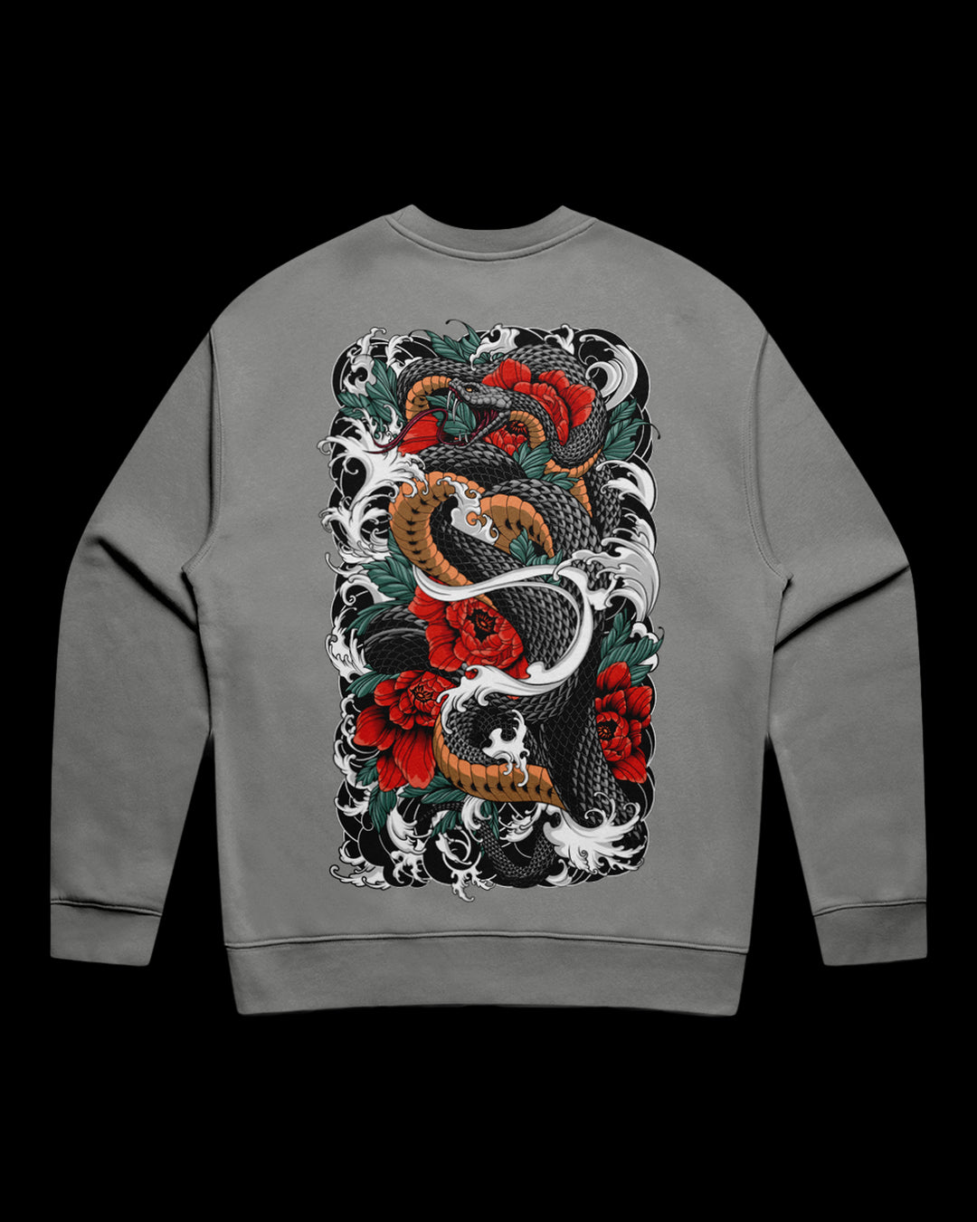 Gray sweatshirt with a snake and floral design on the back.