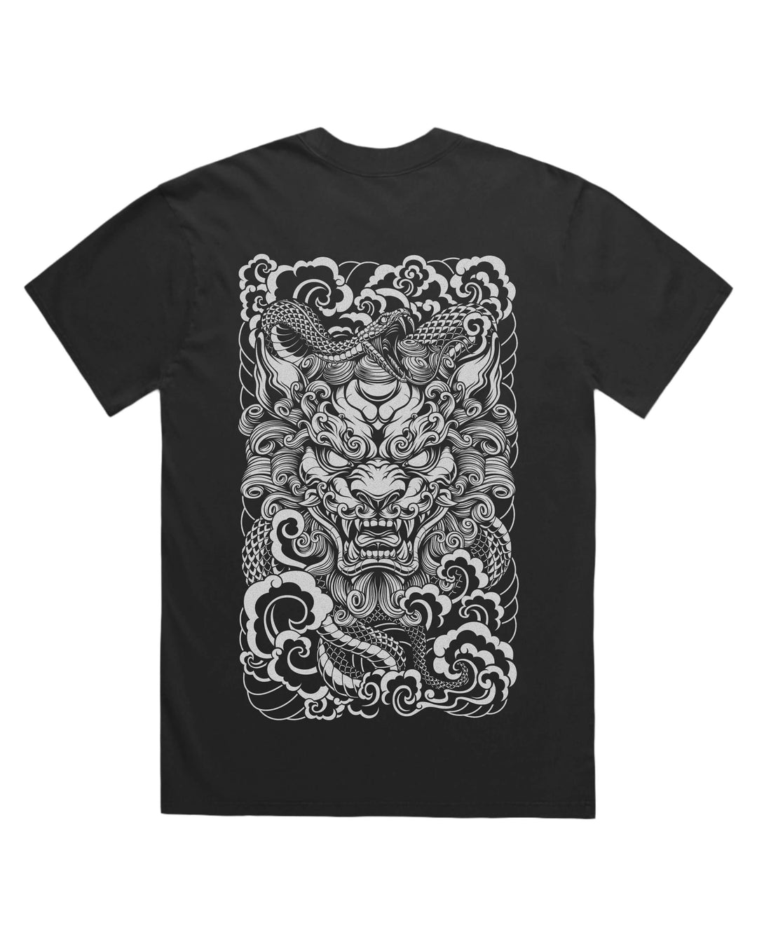 Faded black t-shirt with large irezumi inspired guardian lion back print