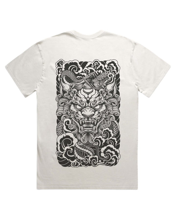 Faded bone t-shirt with large irezumi inspired guardian lion back print