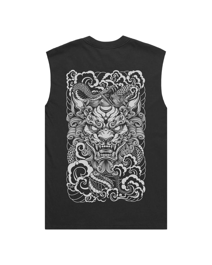 Faded black tank top with original in-house komainu lion and snake print