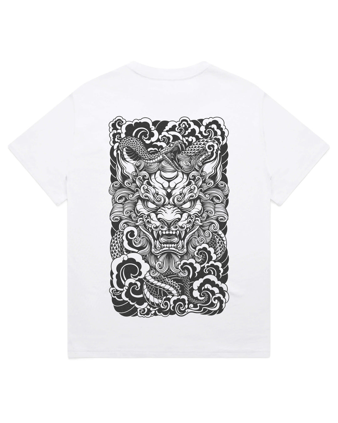 Oversized white t-shirt with Japanese guardian lion and snake graphic print