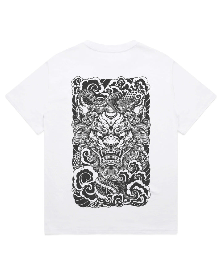 Oversized white t-shirt with Japanese guardian lion and snake graphic print