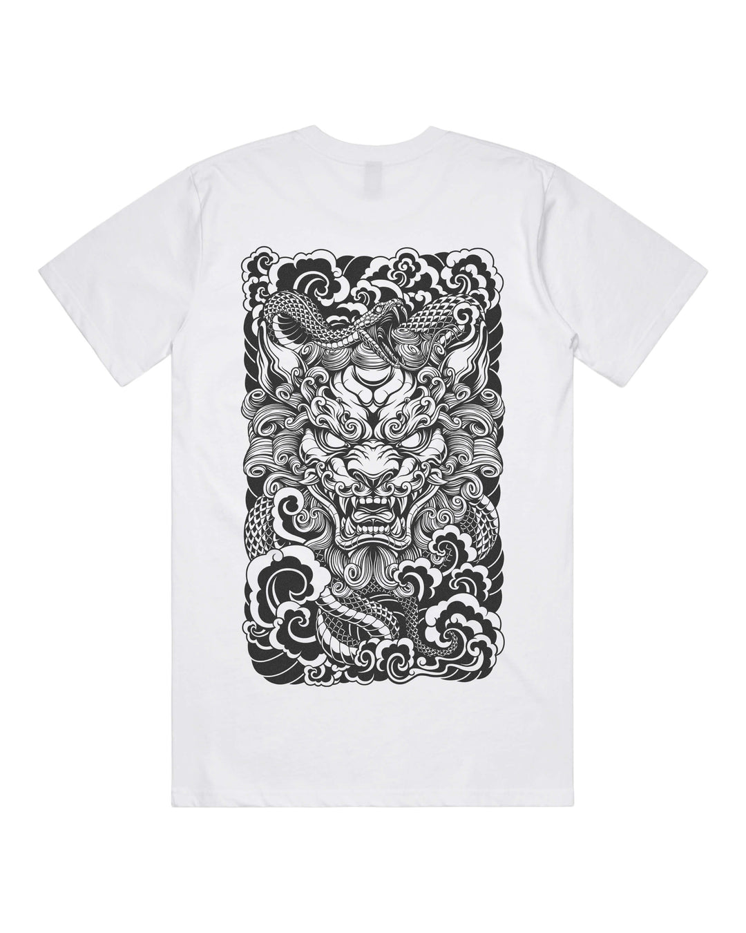 White graphic t-shirt with large Japanese komainu and snake back print