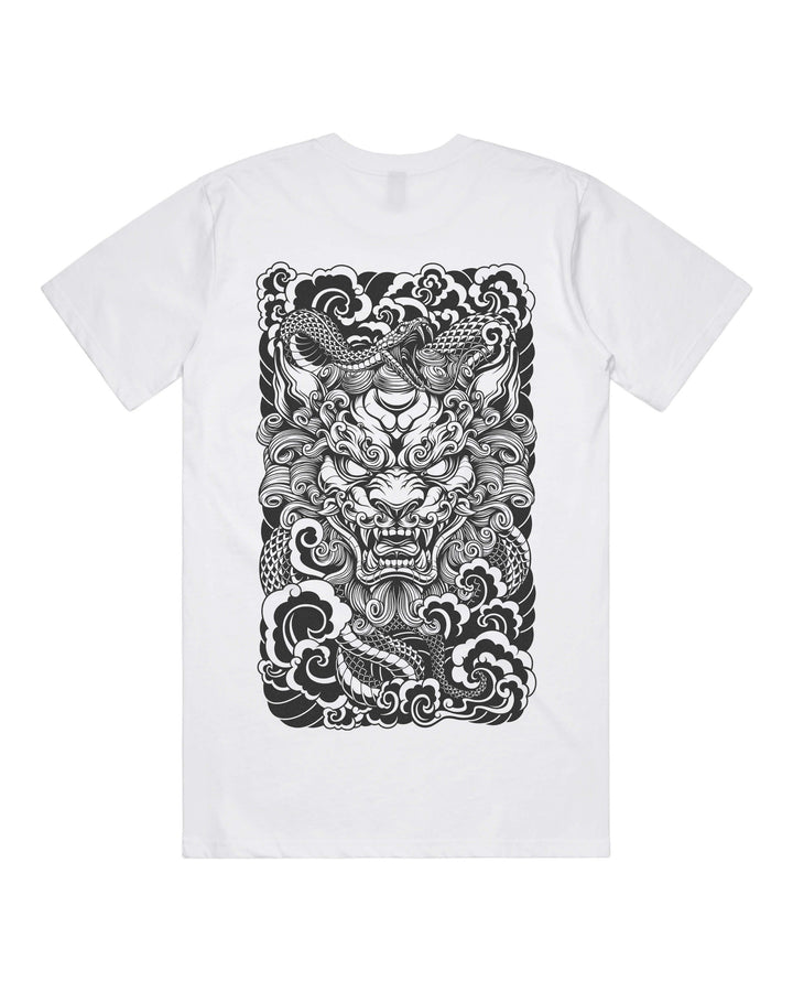 White graphic t-shirt with large Japanese komainu and snake back print