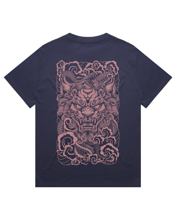 Oversized midnight blue t-shirt with irezumi inspired guardian lion and snake print