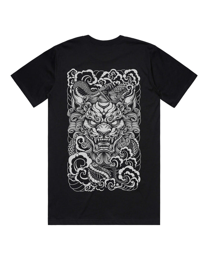 Black graphic t-shirt with large Japanese komainu and snake back print