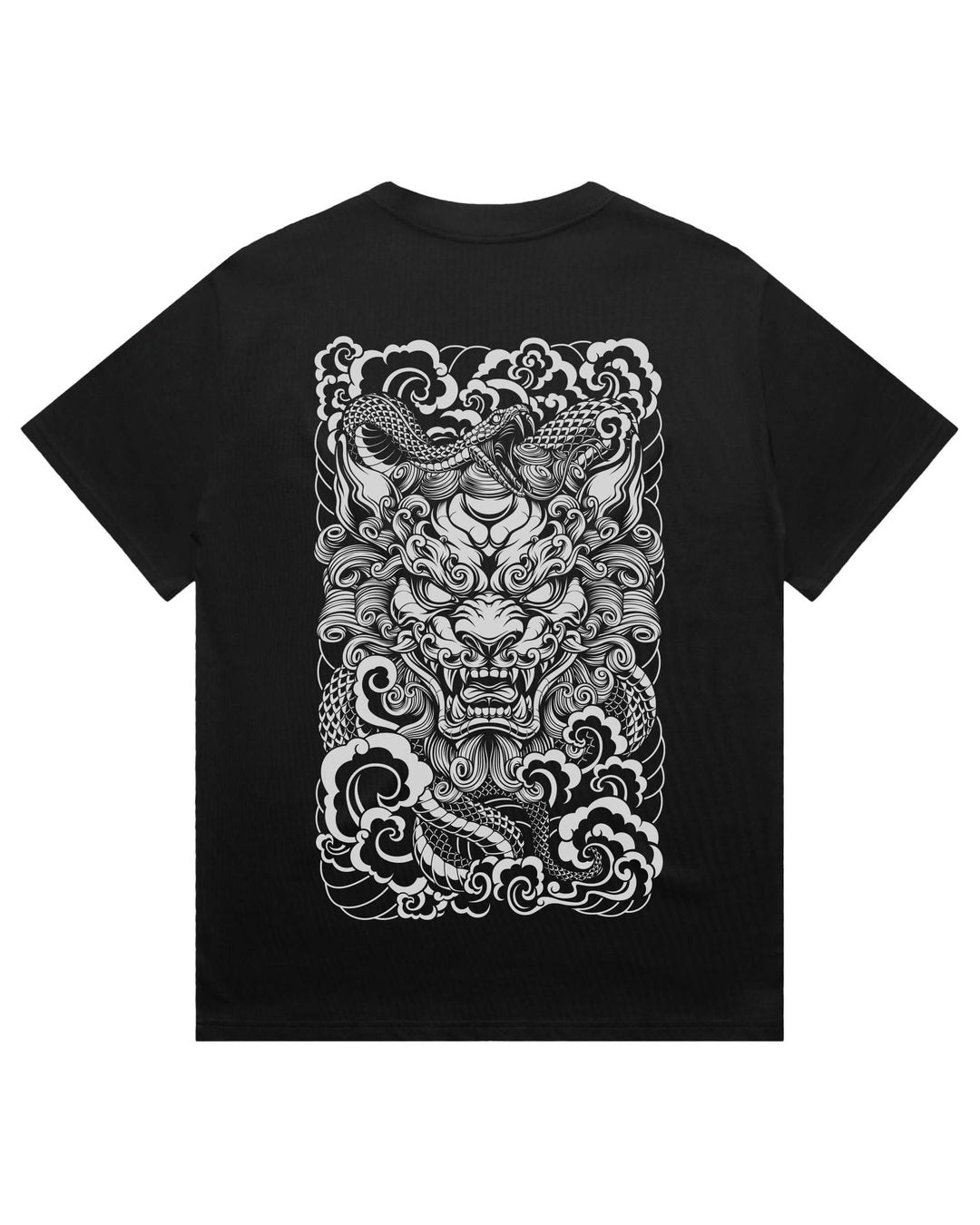Oversized Black t-shirt with Japanese guardian lion and snake graphic print