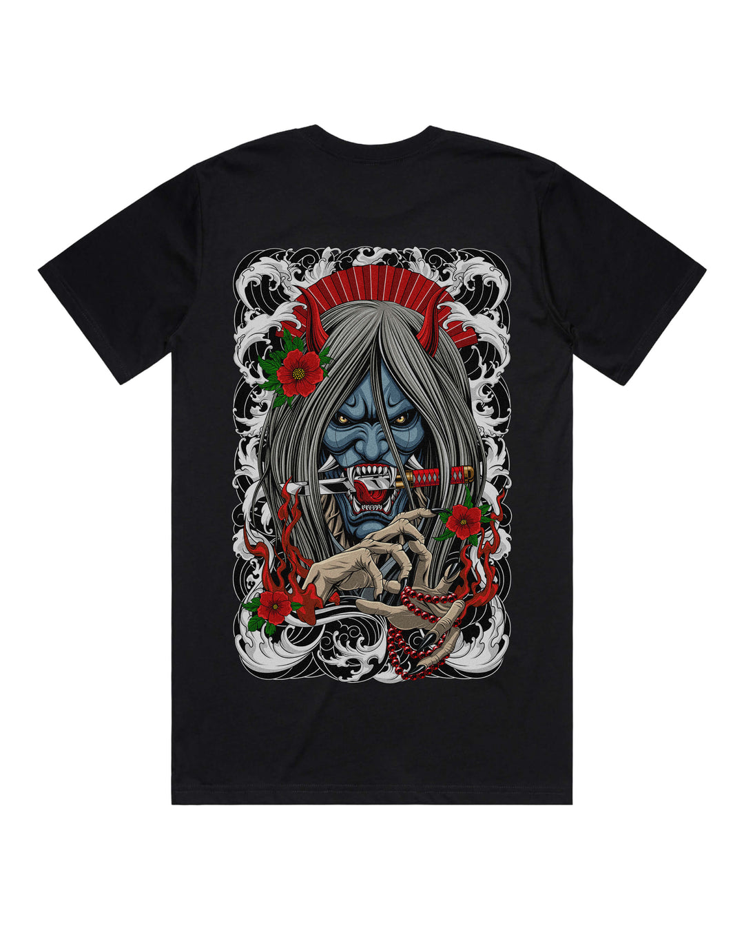 Black graphic t-shirt with large demon hannya back print