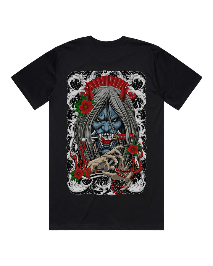 Black graphic t-shirt with large demon hannya back print