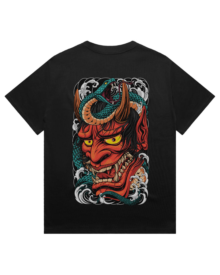 Oversized black t-shirt with Japanese hannya and snake graphic print