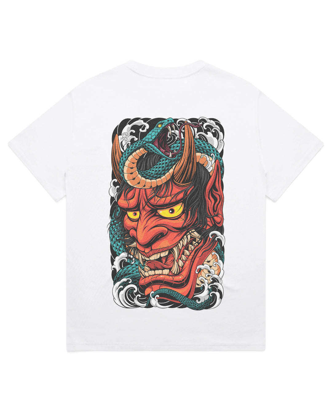 Oversized white t-shirt with Japanese hannya and snake graphic print