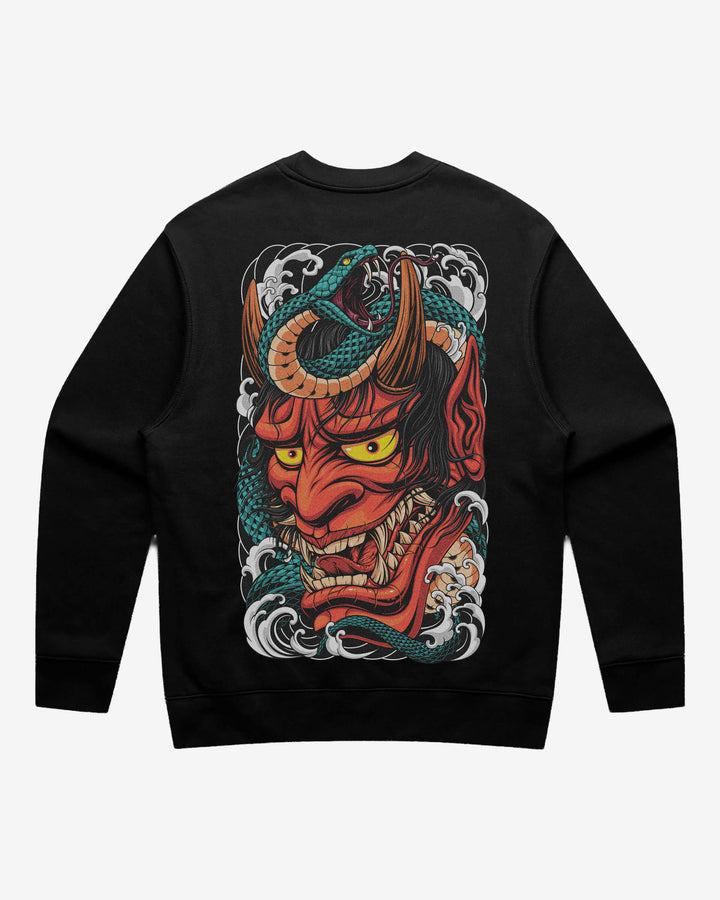 Red Hannya Mask Relaxed Fit Graphic Sweatshirt With Large Tattoo Inspired Back Print