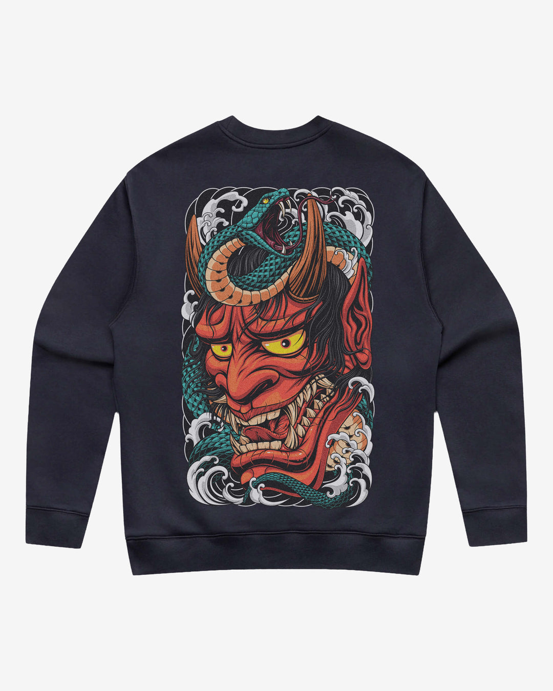 Red Hannya Mask Relaxed Fit Blue Graphic Sweatshirt With Large Tattoo Inspired Back Print