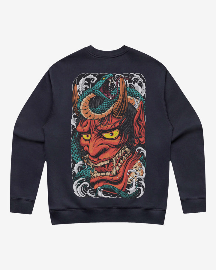 Red Hannya Mask Relaxed Fit Blue Graphic Sweatshirt With Large Tattoo Inspired Back Print
