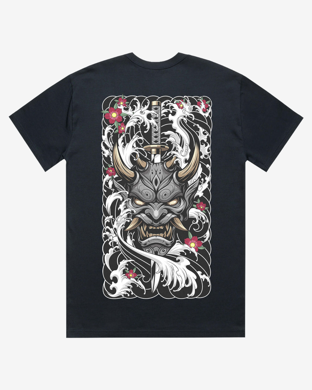 navy blue oversized graphic t-shirt with a oni mask and katana design on a white background