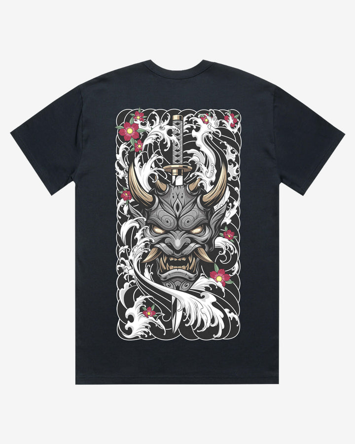navy blue oversized graphic t-shirt with a oni mask and katana design on a white background
