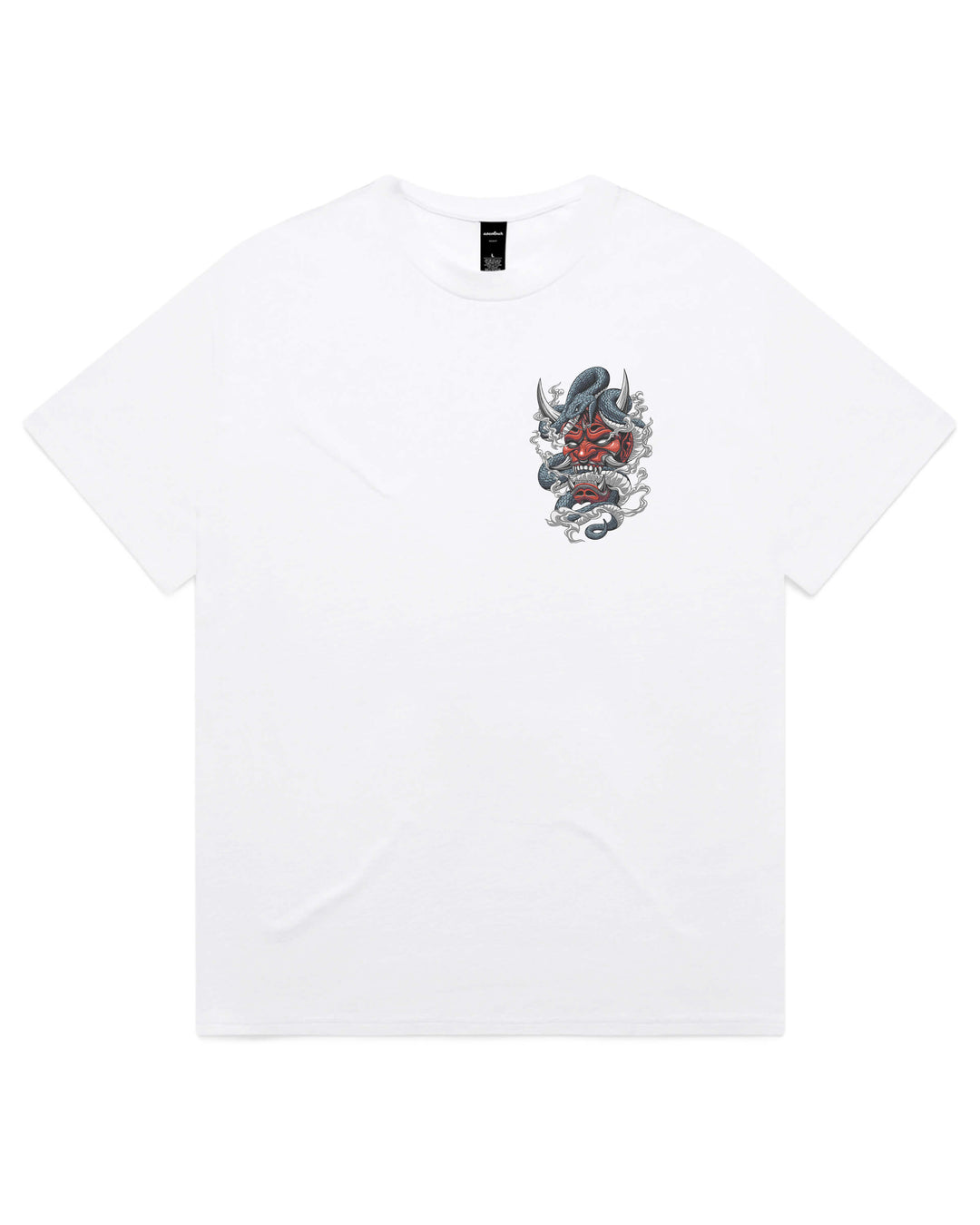 Oversized white t-shirt with red oni mask and snake left chest graphic print