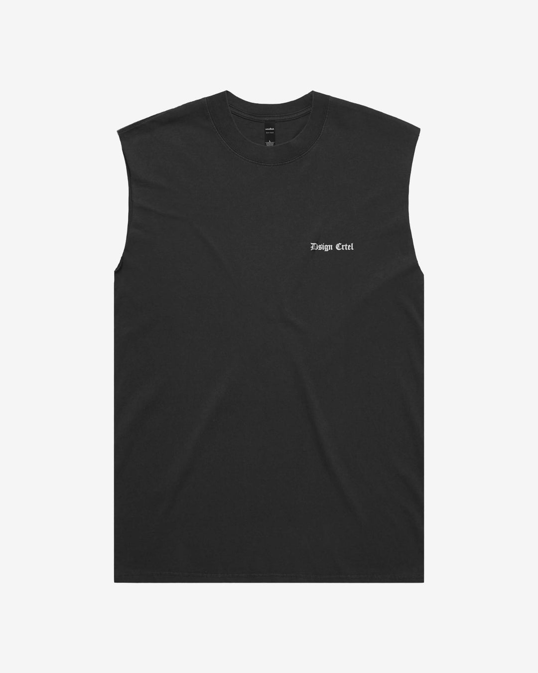 Black sleeveless shirt with a small dsign crtel logo on left chest