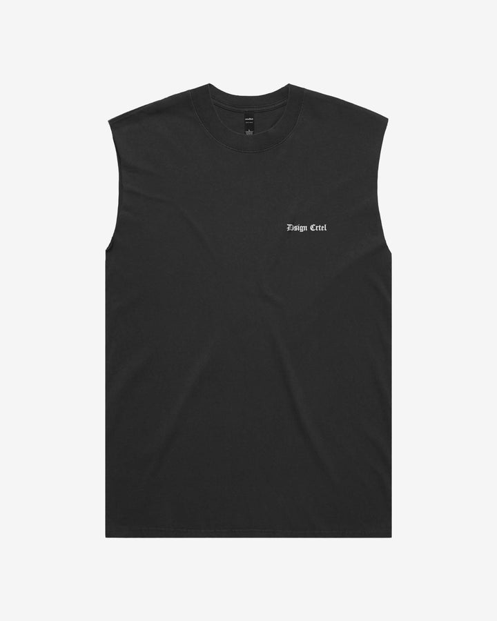 Black sleeveless shirt with a small dsign crtel logo on left chest