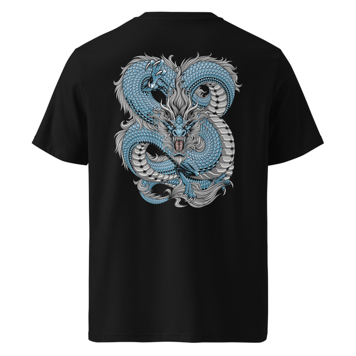 A black t-shirt featuring an intricate back design of an icy blue dragon with a silver mane, coiled in a dynamic knot-like pose, inspired by Japanese traditional art.